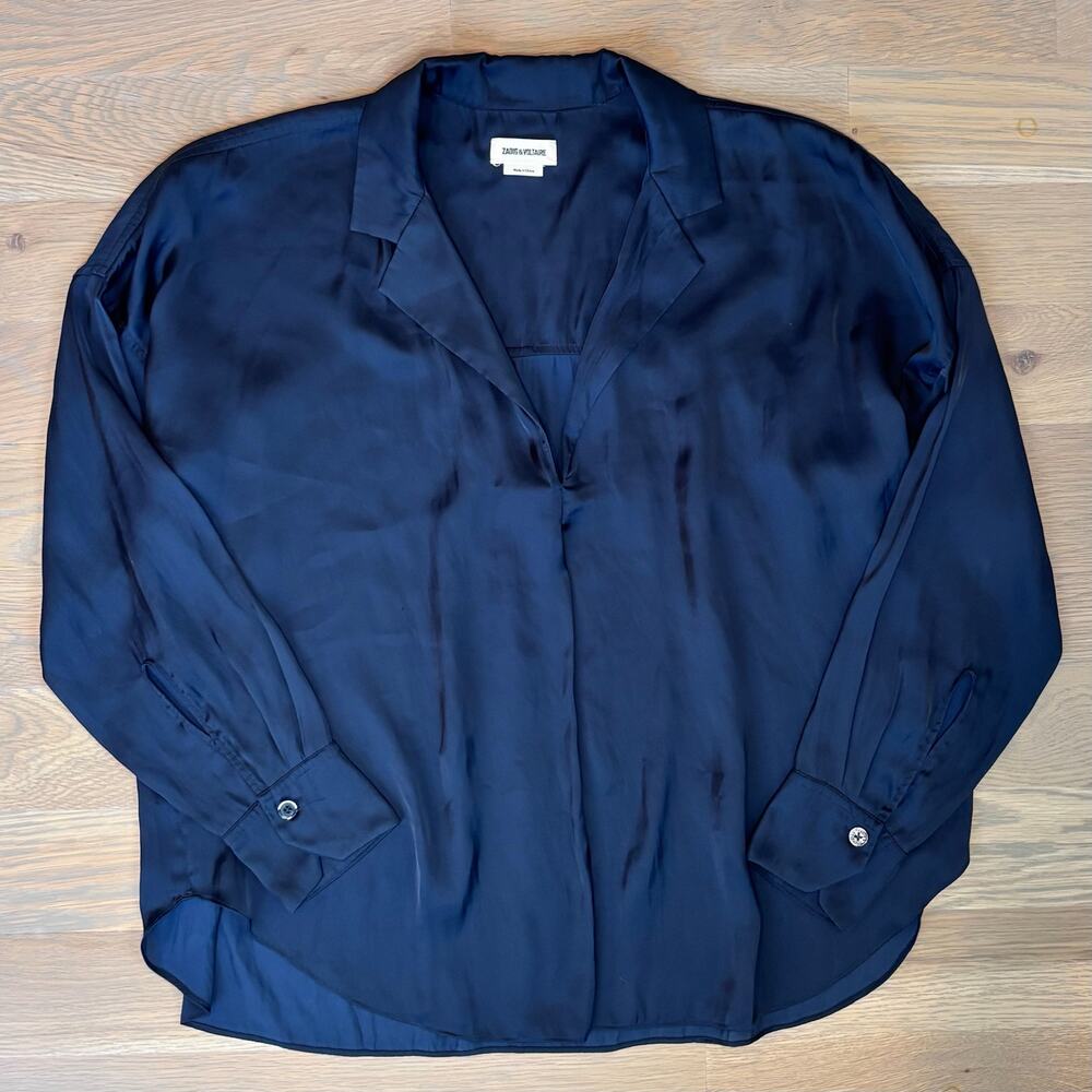 Zadig & Voltaire Tamy Satin Blouse Navy Oversized Quiet Lux Womens Size Small - Picture 9 of 10